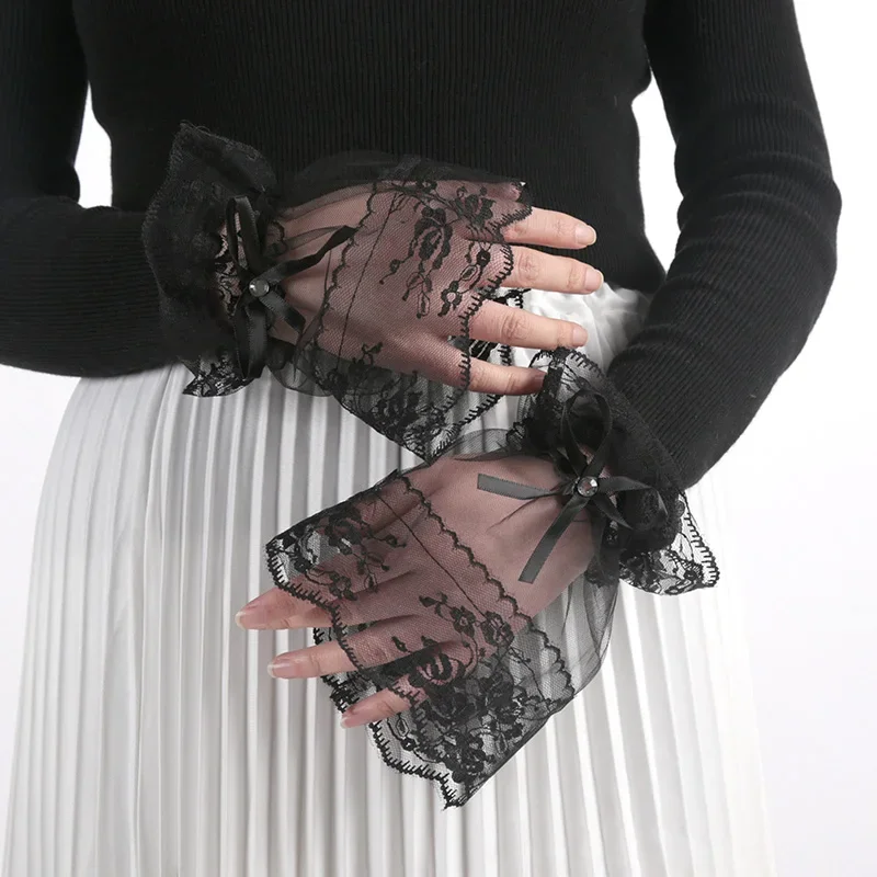 Women Gothic Lace Mesh Stretch Horn Cuffs Gloves Ruffled Detachable Fake Sleeves Wedding Party Sunshade Decorative Wrist Warmer