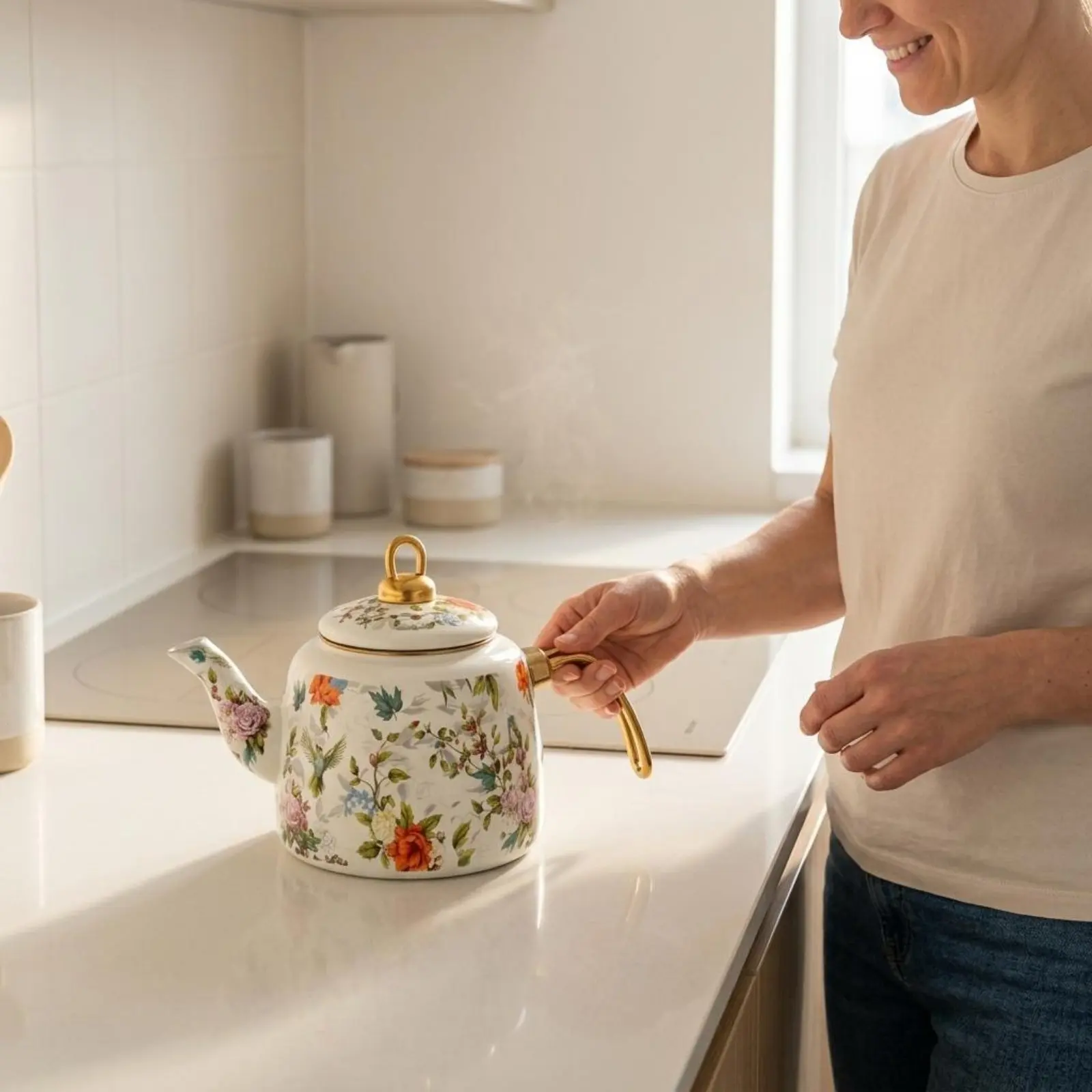 2 Pieces Retro Tea Kettle Open Flame Use Floral Enamel Kettle Enamel Boiling Pot Large Capacity Home Goods Non