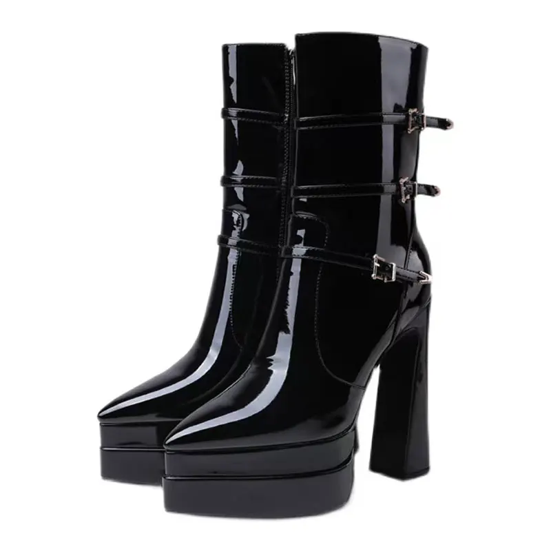 Botas de tornozelo curto com zíper feminino, botas pontiagudas de camada dupla, plataforma impermeável, salto alto espesso ultra-alto, outono