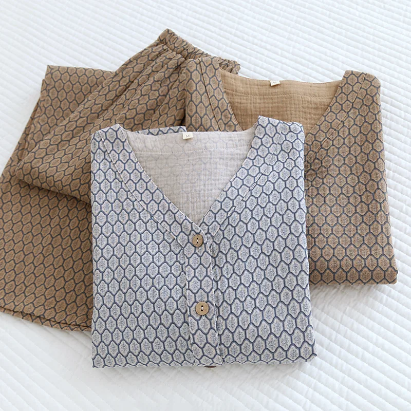 Women Pure Cotton Gauze Pajama Set Soft Breathable Long Sleeve Small Floral Print Loungewear Sleepwear