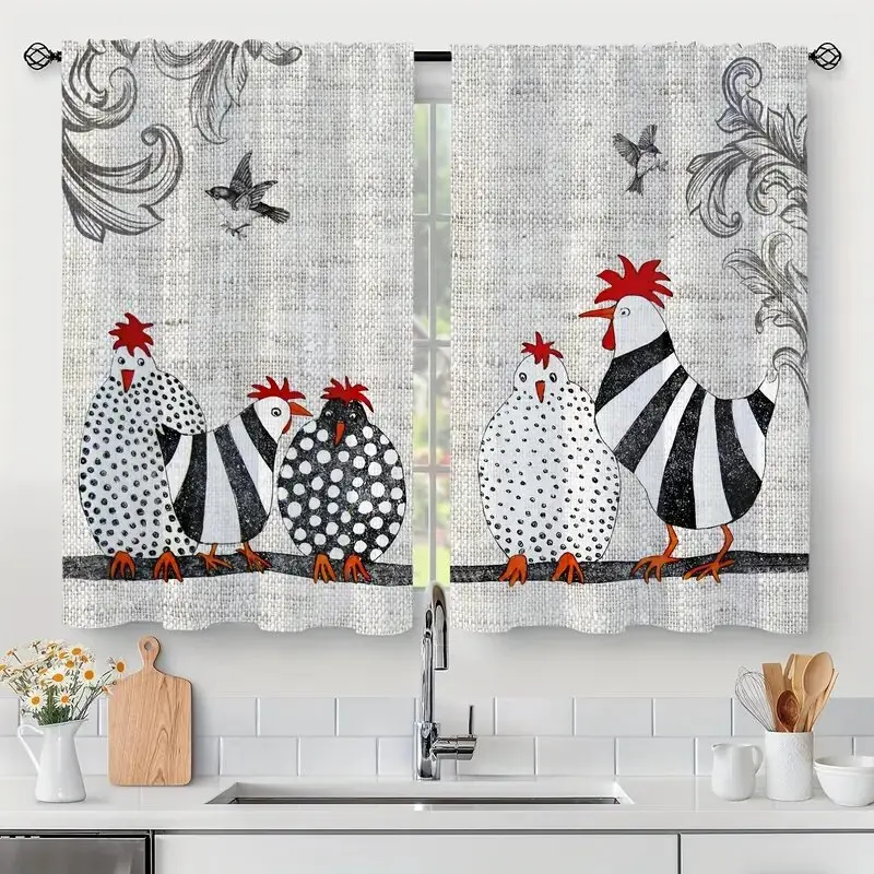 2 Pieces - Retro polka dot chicken abstract art pattern printed curtains, window decorations, home decorations, room decorations