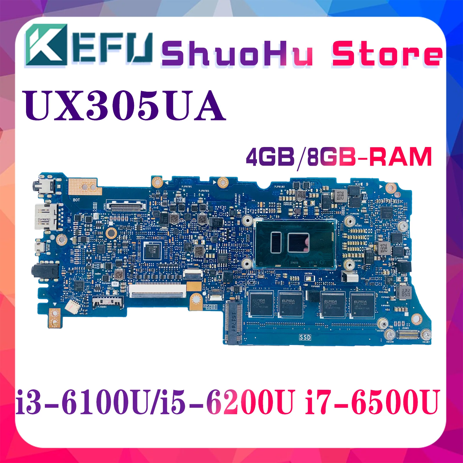 KEFU UX305UA Laptop Motherboard For ASUS Zenbook U305U UX305 UX305U U305 Notebook Mainboard With I7 I5-I3 6th Gen CPU 4G 8GB-RAM