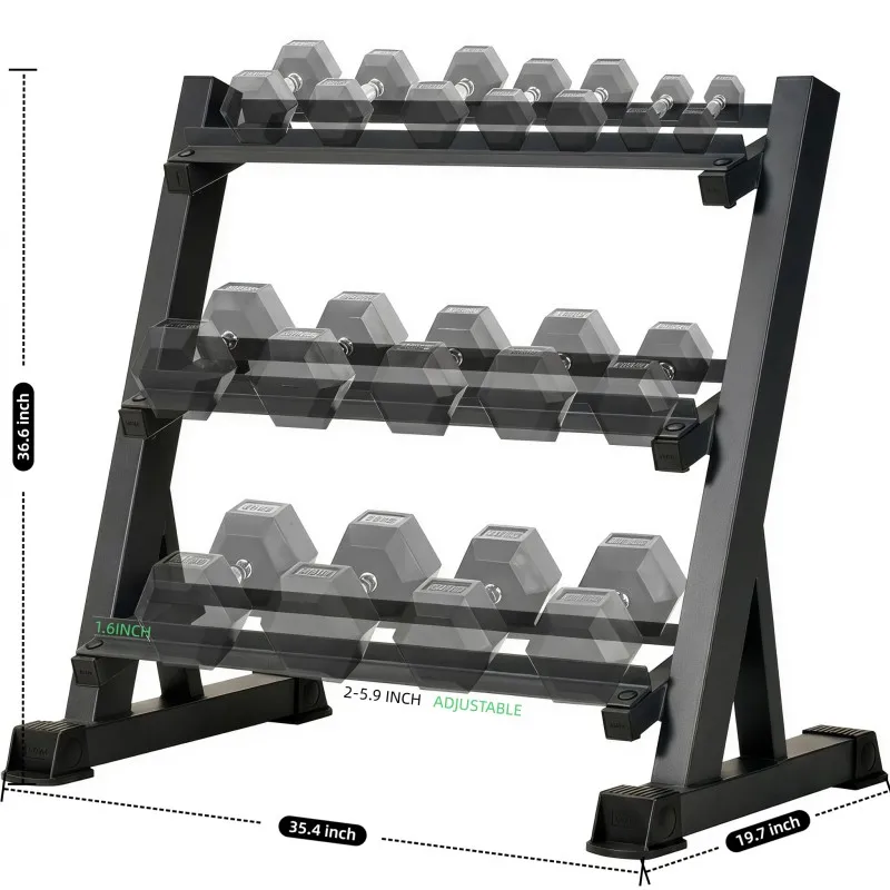 3-Tier Adjustable Dumbbell Rack (35.4in / 90cm), 1000LBS Heavy Duty Steel Gym Storage Stand with Anti-Rust Powder Coating & Floor Protection Feet for Home/Commercial Fitness