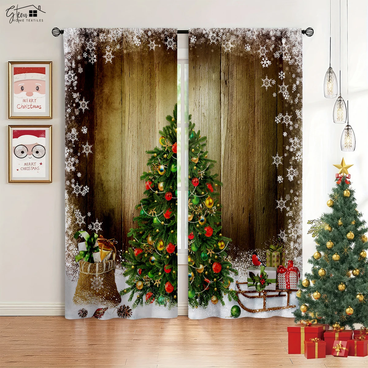 Christmas Decoration Curtains Christmas Tree Gifts Fireplace Living Room Bedroom Children New Year Festival 3D Printing Curtains