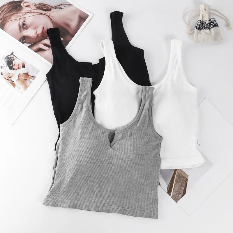 Tank Top Olahraga Mulus Tabung Warna Crop Wanita Seksi dengan Pakaian Dalam Nirkabel Bra dengan Bantalan Rompi Bralette Kamisol V-neck Dalam