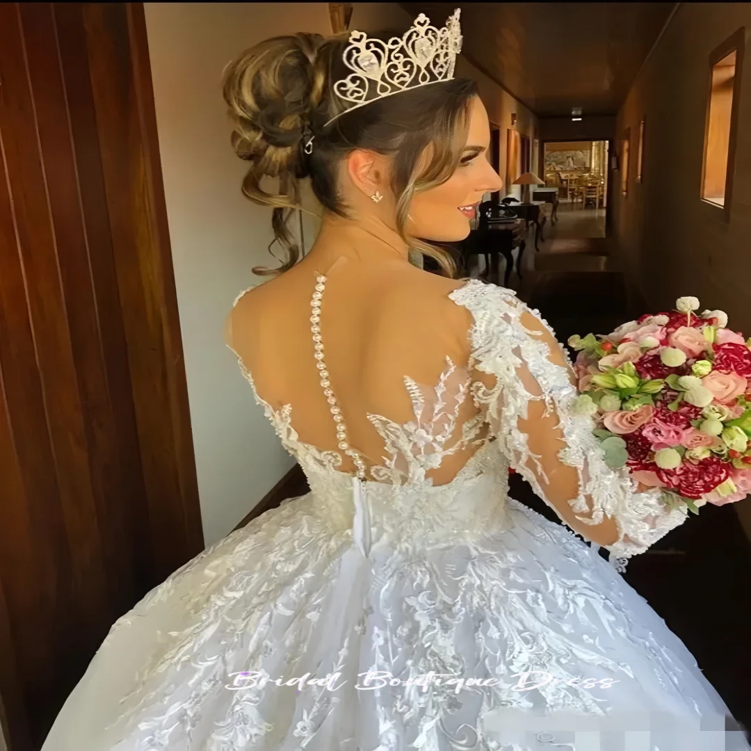 Customized Exquisite Long Wedding dress Transparent neck pearl lace long sleeve sweep train bridal dress  Vestido De Noiva