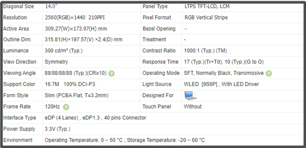 TL140BDXP01 14.0 inch LCD LED Screen Display IPS Panel QHD 2560x1440 100% DCI-P3 120Hz EDP 40pins Non-touch