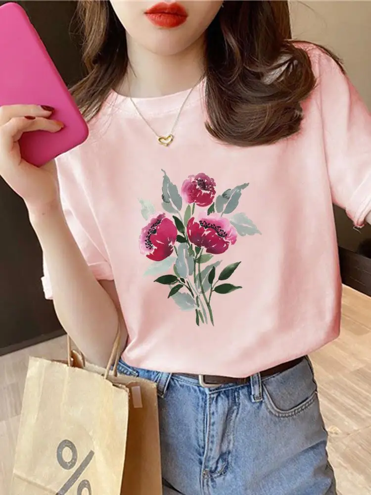 Camiseta con estampado de cuello redondo para mujer, camiseta de manga corta con estampado de flores a la moda, ropa de tendencia de los años 90, camiseta estampada