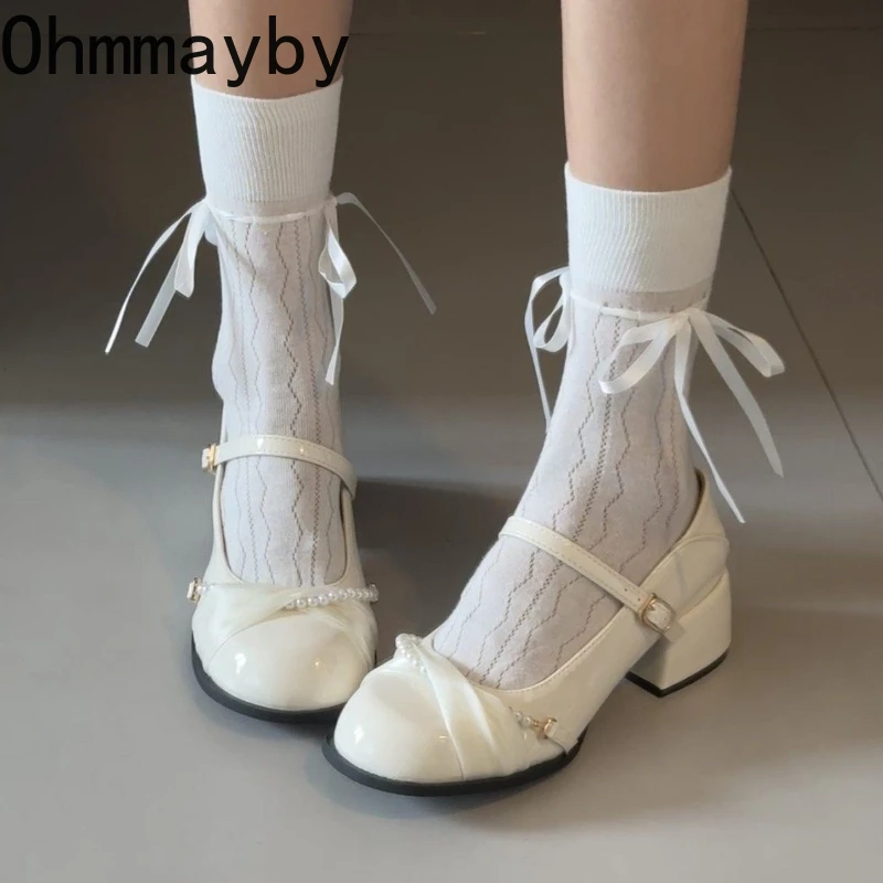 

2026 Spring Thick Heel Women Mary Jane Shoes Casual Shallow Single Leather Shoes Designer Eelgant Pearl Decoration Dress Shoes