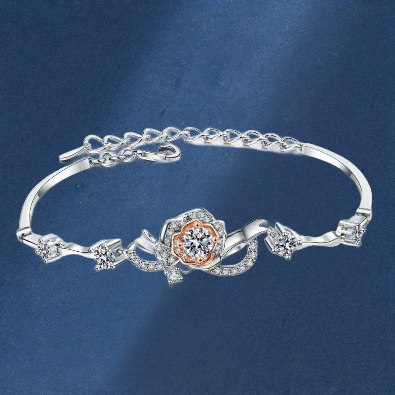 

PT950 Luxury A Rose 1.4CT Real Moissanite Diamond Bracelet, Sparkling Rose Flower Halo Bracelet for Women Gift Fine Jewelry