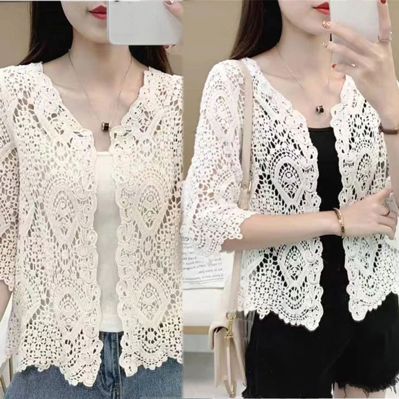 Women Summer Knitted Lace Shrug Boho Hollow Crochet Floral 3/4 Sleeves Open Front Cropped Cardigan Elegant Short Mesh Sweater Up