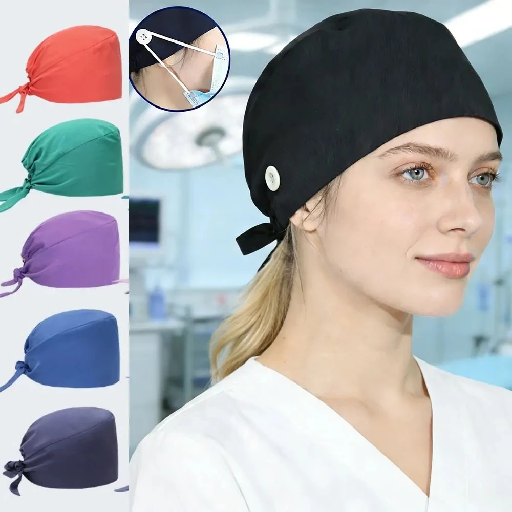 Solid Color Quick‑Dry Stretch Scrub Caps with Buttons Reusable Nurse Doctor Headwear for Dental Clinic Operating Room