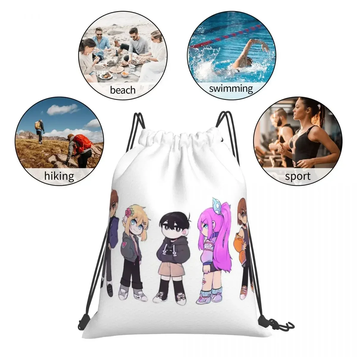 Mochilas Omori Anime Video Game, sacos de cordão portáteis casuais, saco de esportes do bolso do pacote, sacos de livros para homem e mulher