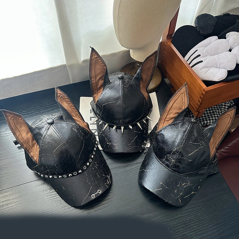 Nuevo nicho Punk cuero remache orejas de perro gorras de béisbol primavera otoño hombres mujeres personalidad ajustable sombrilla de moda sombreros de Hip Hop