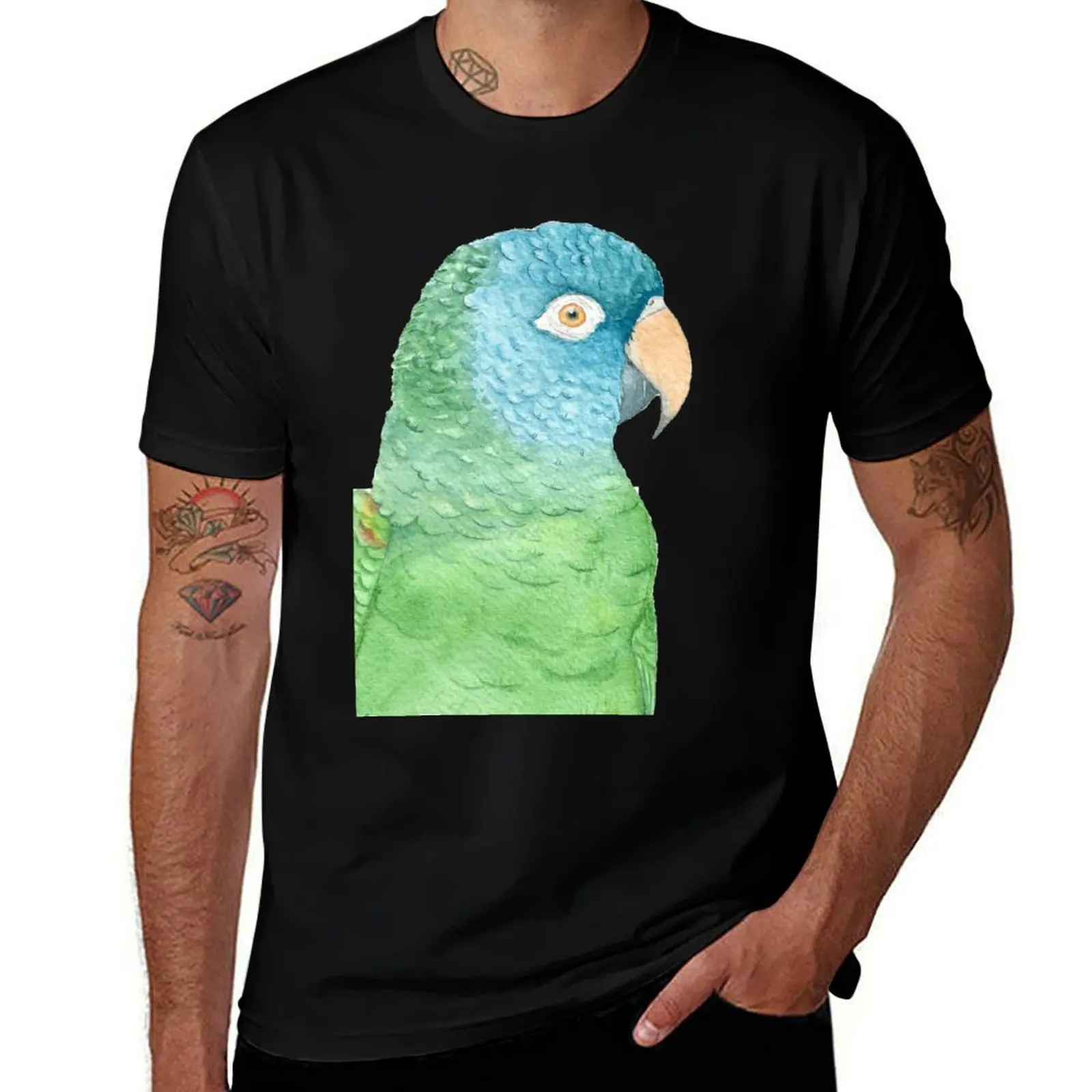 Watercolor blue crowned conure - parakeet painting T-Shirt Retro Style Print Casual Top T-Shirt