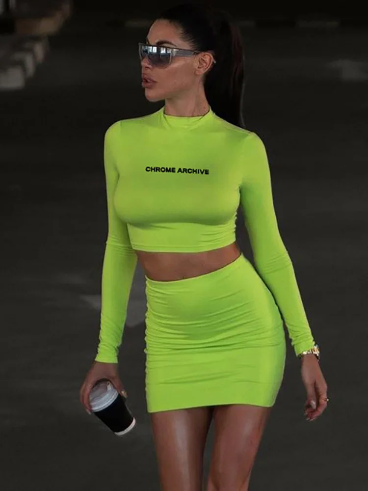 Dulzura Women Casual Y2K Clothes 2 Piece Letter Print Long Sleeve Crop Top High Waist Mini Skirt Matching Set Club Streetwear