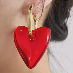 FFLACELL 2022 New Punk Vintage Metal Hoop Red Heart Drop Earrings for Women Girls Party Fashion Hip hop Jewelry Gifts