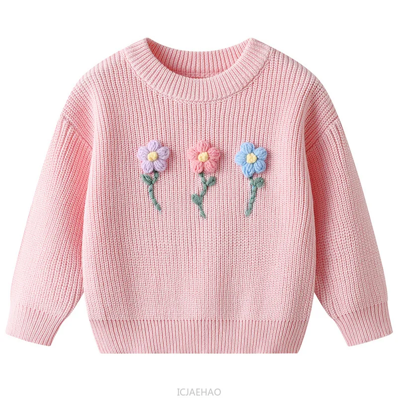 

Teen Girl Clothes Children KoreanGirls Knit Sweater DIY Birthday Pullover Simple Kids Outfit Style Hand Embroidered Floral Baby