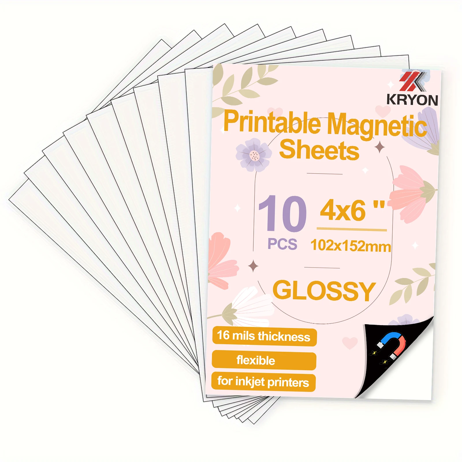 KRYON 4 x 6 inch 10 PCS Glossy Printable Magnetic sheets Non Adhesive 16 mils thickness Magnet Photo Paper for Inkjet Printers