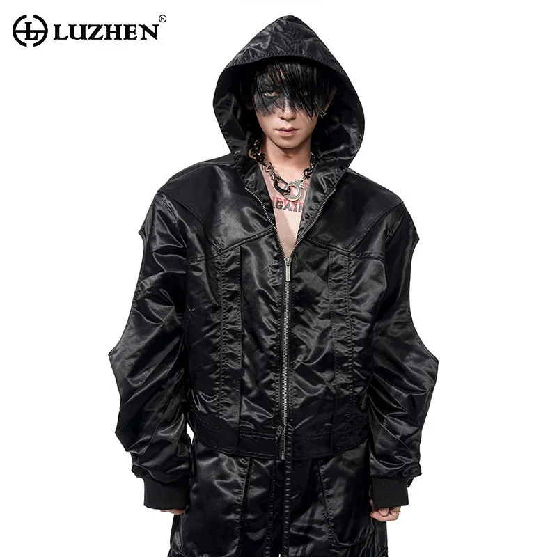 LUZHEN 2025 New Solid Color Hollow Out Fold Design Loose Hooded Jacket Men's Stylish High Street Original Male Clothes LZ9811