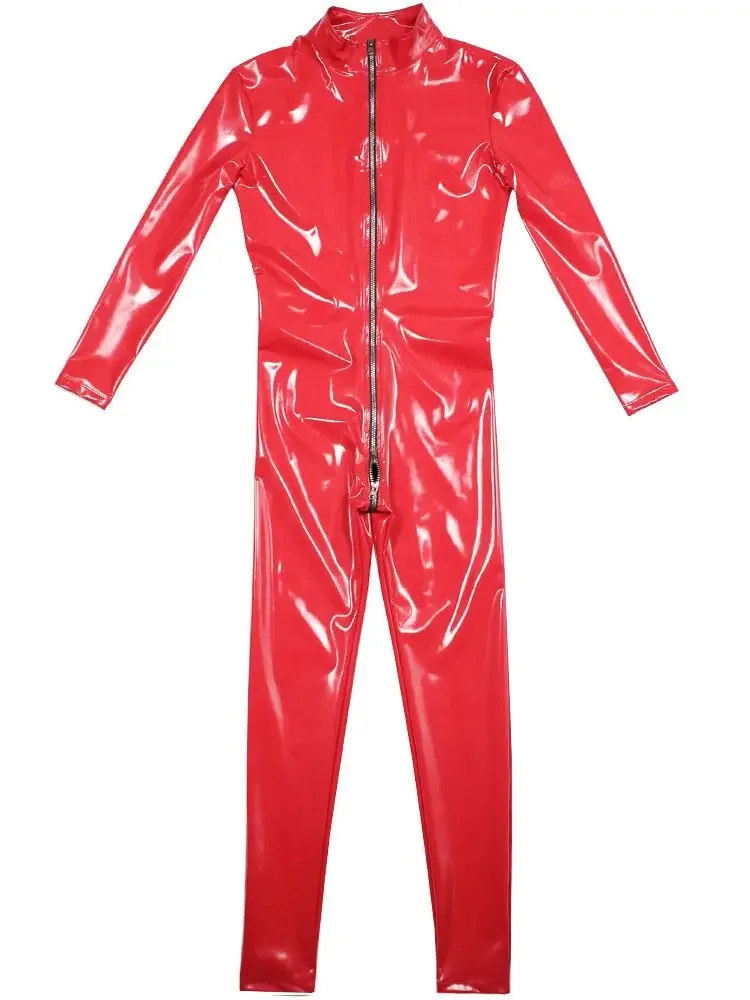 مظهر رطب PVC Catsuit كم طويل لامعة بولي Leather الجلود البريدي مفتوحة المنشعب ارتداءها ضيق تأثيري بذلة يوتار مثير Unitard كلوبوير