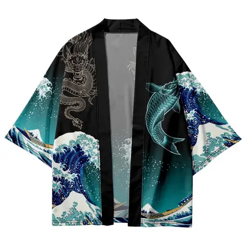 Men and Women's Japanese Kimono, Wave Carp, 3D Print Pattern Coat, Green Traditional Haori Cardigan, Japan Black Beach Clothing