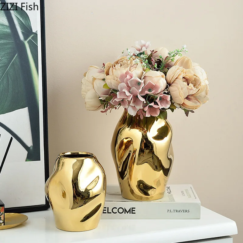 Irregular Abstract Ceramic Vase Gold Plated Potted Plants Desk Decoration Flowers Pots Decorative Flower Arrangement Floral Vase