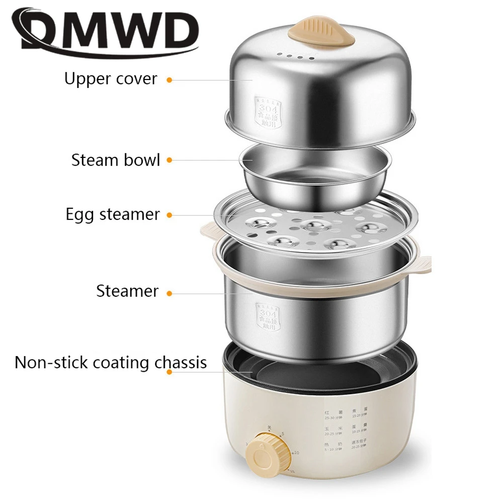 DMWD 2 Layer Multifunctional Egg Cooker Egg Custard Steamer 304 Stainless Steel Omelettes Machine Food Heater Crepe Maker 220V