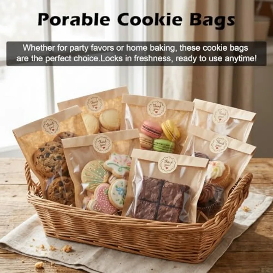 00 Pack Cookie Bags with Window, 5."x7.5" Paper Oil-proof Bakery Bags, Kraft Heat Sealable Cookie Packaging Bags for Gift Givin view 5