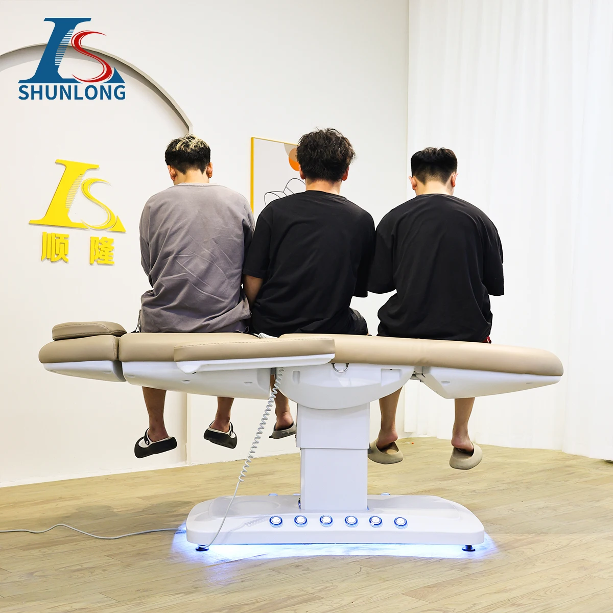 Electric Beauty Facial Bed Beige PU White Base With LED Ambient Light Remote Control Reclining Cosmetic Chair for Tattoo Microbl
