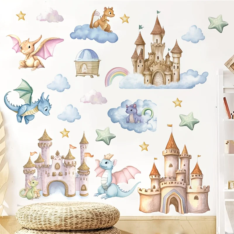 Watercolor DIY Cartoon Dragon Wall Stickers Removable Cute Dragon Egg Castle Decals for Bedroom Living Room Game Room Nursery
