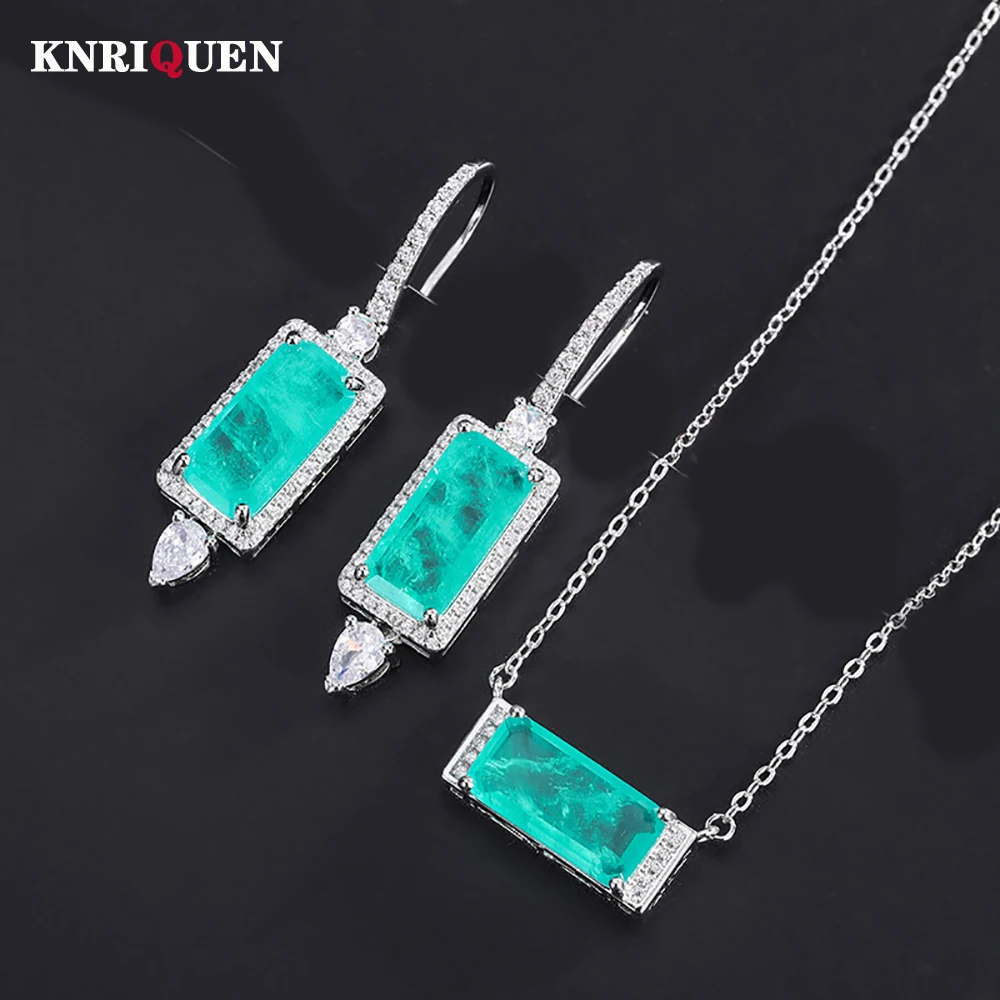 

Vintage 8*16mm Paraiba Tourmaline Emerald Pendant Necklace Drop Earrings for Women Lab Diamond Wedding Party Fine Jewelry Sets