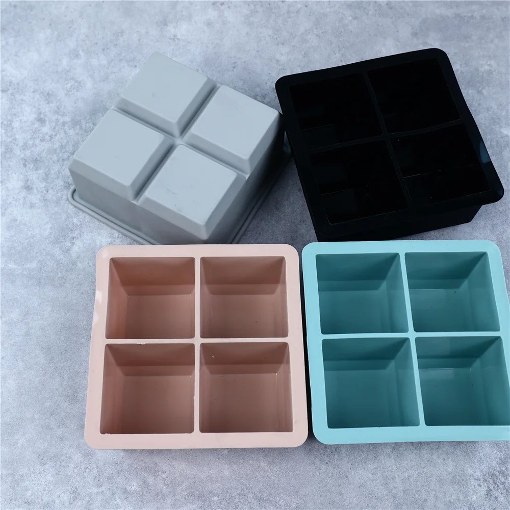 4 Grid Big Ice Tray Mold Large Food Grade Silicone Ice Cube Square Tray Molds DIY Ice Maker Ice Cube Tray for Kitchen Bar