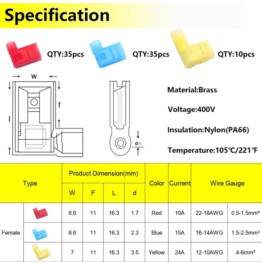 80Pcs Right Angle Spade Connector 22-18/16-14/12-10AWG Quick Disconnect Flag Terminal Red/Yellow/Blue 90 Degree Wire Connector
