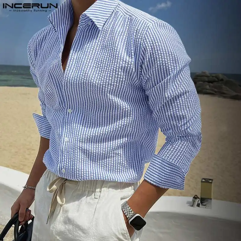 INCERUN Men's Clothing Fashion Long Sleeve Stripe Shirts Fashion Lapel Outwear Oversized Autumn Spring Male Shirt Loose Tee