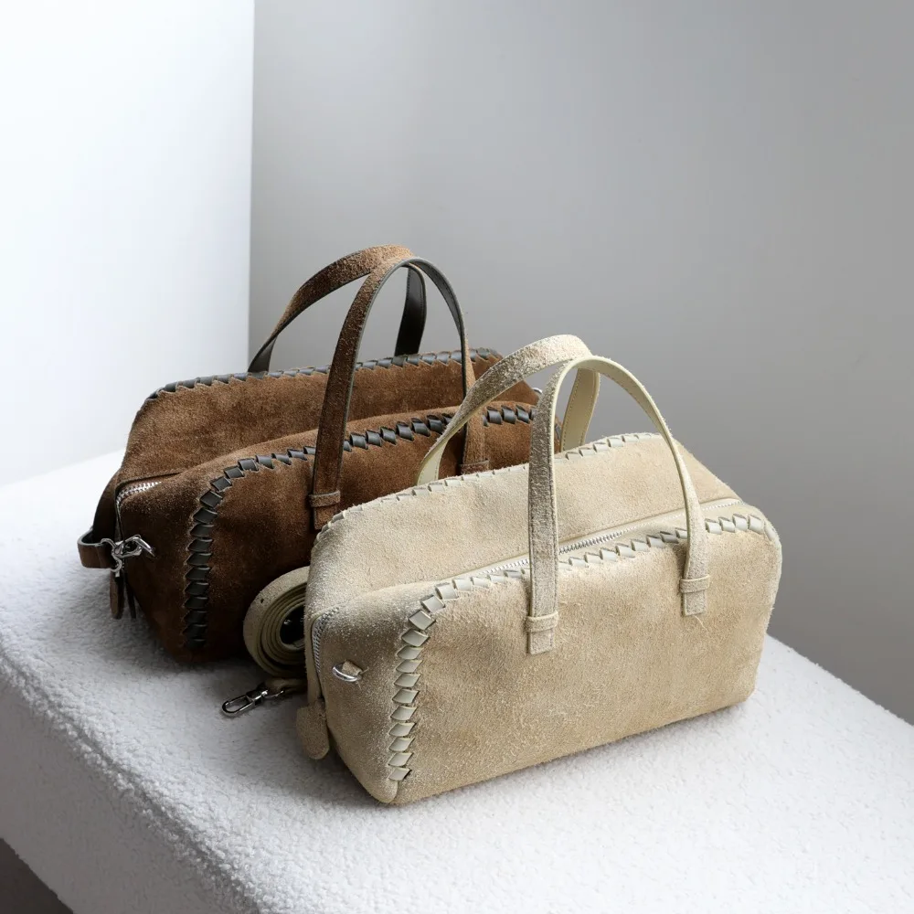 

Vintage Matte Cowhide Woven Matte Large Capacity Portable Boston Pillow Bag Single Shoulder Crossbody Leather Women's Bag