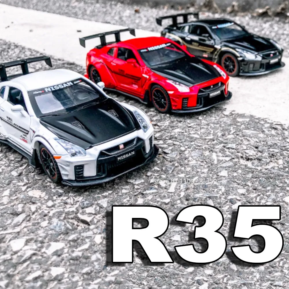 

1:32 GTR R35 R34 Toy Model Sports Cars Alloy Diecast Racing Vehicles Doors Opened Pull Back Sound Light Supercars for Boys Gifts