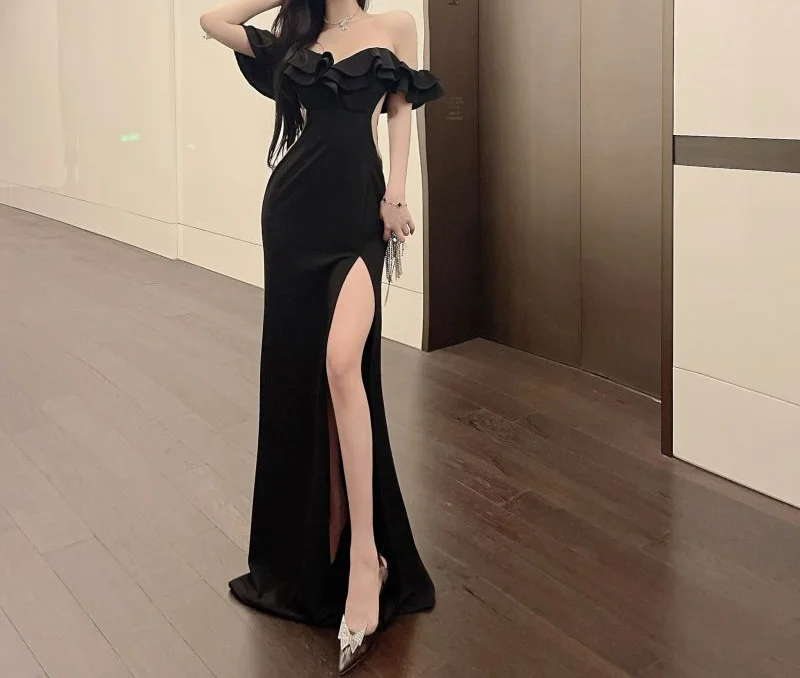 Women's Dress Sexy V-Neck Strapless Slim Fit Hip-Hugging Ruffle Stitching High-End Evening Dress Low-Cut Slimming Dress