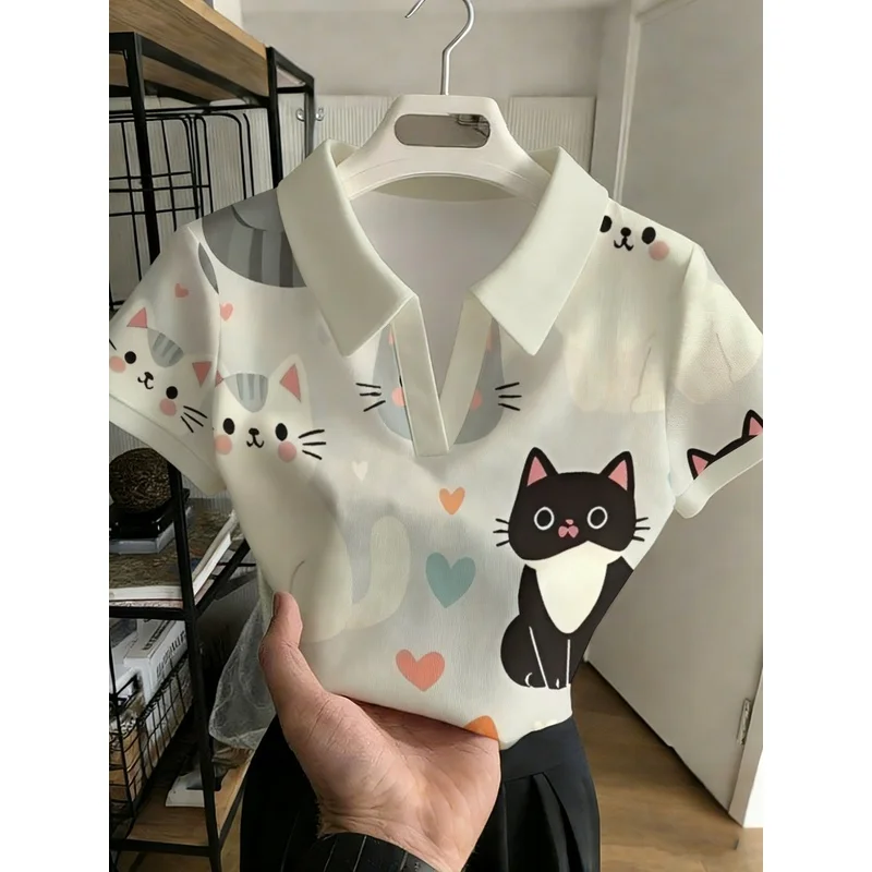 2026Women's Fashionable Multifunctional Buckle-FreePoloShirt，Feline animal pattern，Fashionable tops suitable for casual wear