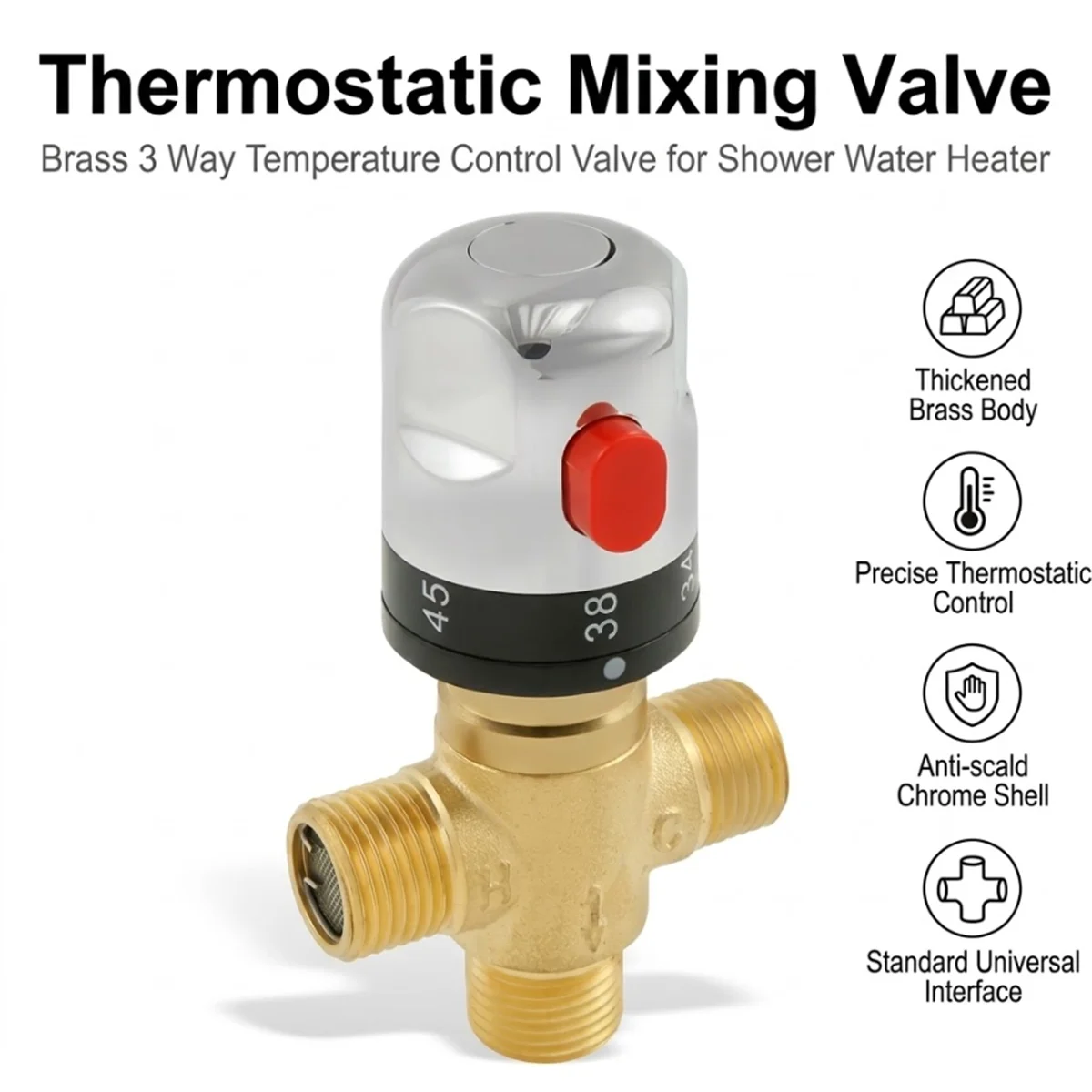 1/2 Inch Solid Brass Thermostatic Mixing Valve 3 Way Hot Cold Water Temperature Control Valve 38℃ Anti Scald for Bathroom DIY