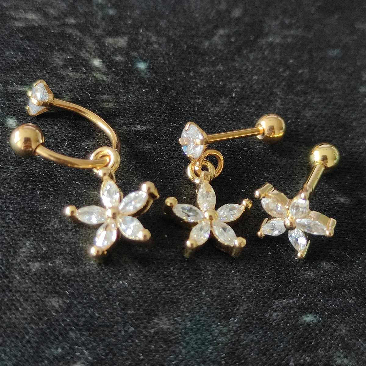 Golden Curved CZ Cartilage Stud Flower Helix Rook Conch Screw Back Earrings 316L Stainless Steel Ear Piercing Jewelry Lip Rings