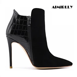 Women's Black Pointed Toe Ankle Boots High Heel Stiletto Patchwork Style Spring Autumn Dress Footwear