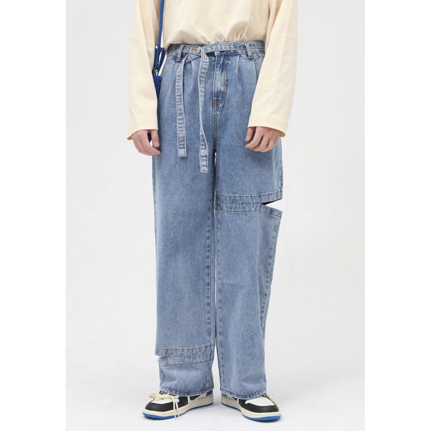 DUEWEER Autumn Korean Fashion Baggy Ripped Wide Leg Belt Jeans Mens Slim Waistband Straight Hole Denim Pants Trousers Streetwear