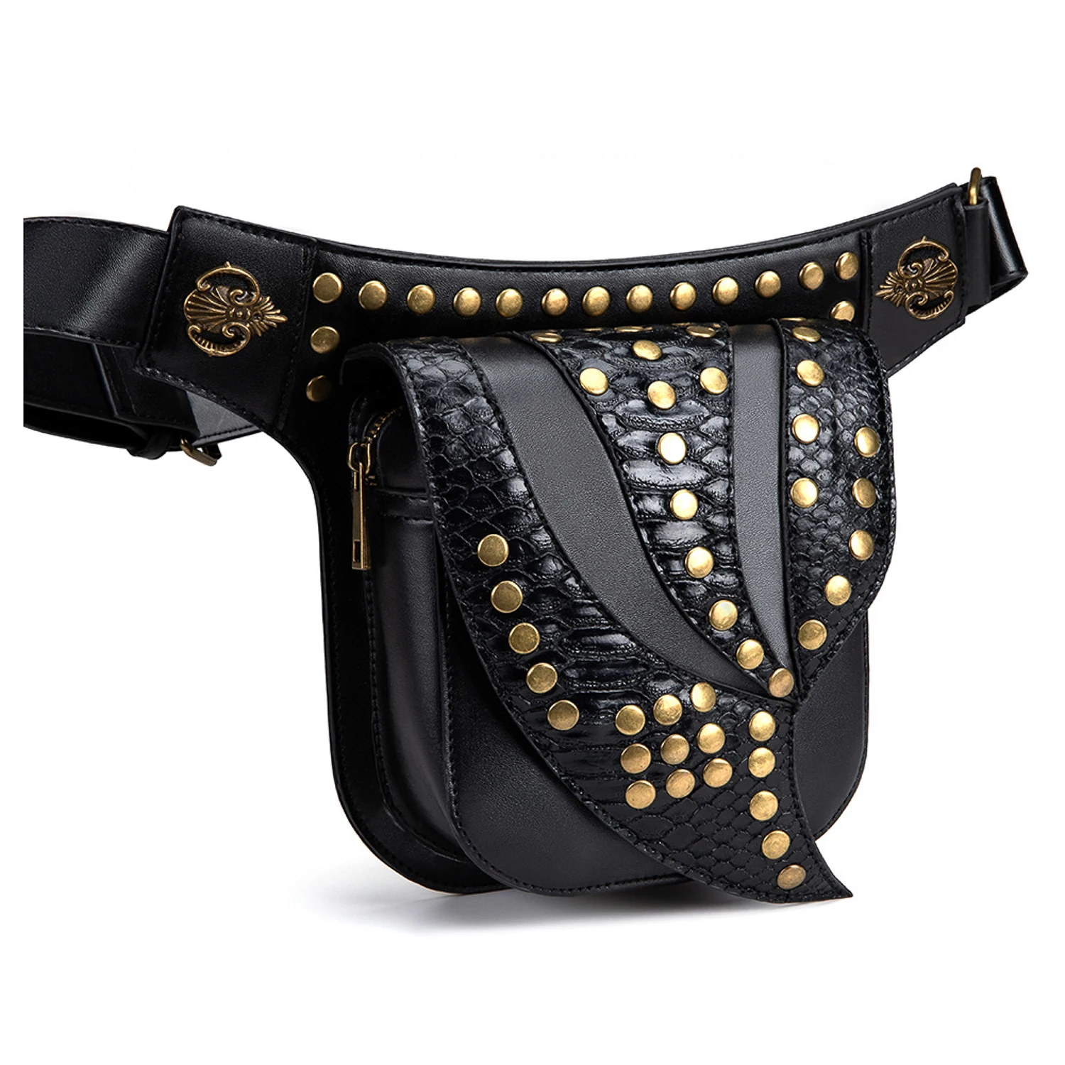 Retro SteamPunk Leather Waist Bag SerpentineCrossbody Bag Rock Men Women Gothic BlackFanny Packs Fashion Motorcycle Leg Bags