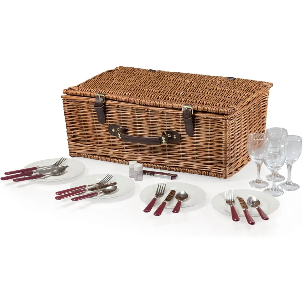 Picnic Basket Set for 4 Persons, Navy Blue & Burgundy Plaid Pattern