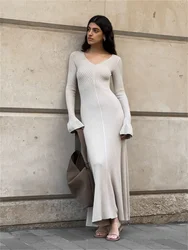 Elegant Knitted Maxi Dress for Women Autumn Winter Solid V-neck Flare Long Sleeve Ribbed High Waist Dresses Ladies Knitwear