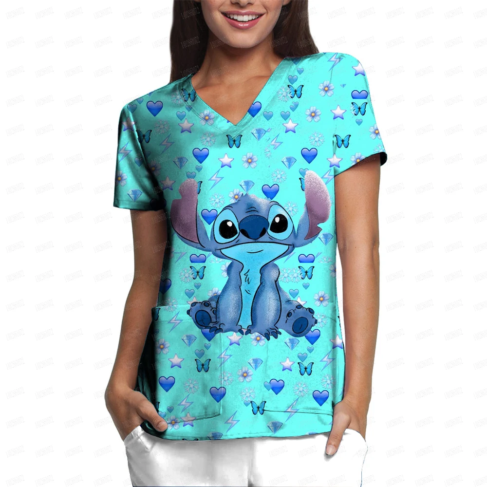 

Women Nurse Uniform Disney Stitch print 3d V-Neck Pocket Medical Uniforms Cartoon Nursing Scrub Tops Workear Uniforme enfermera