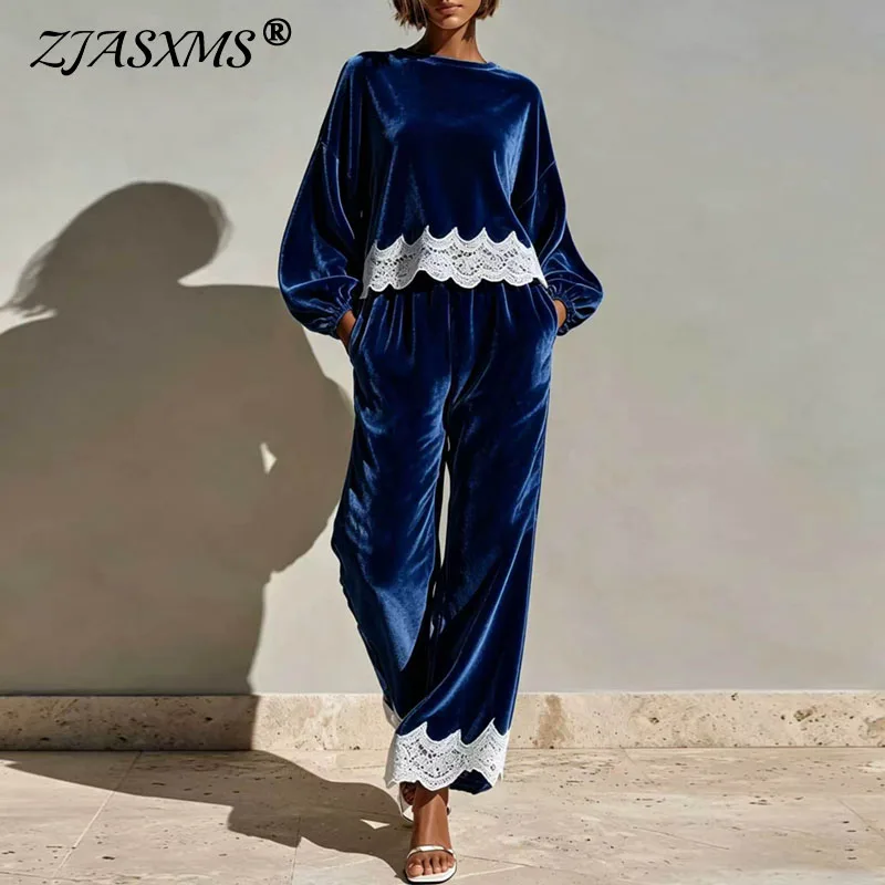 Elegant Velvet Two Piece Set Ladies Round Neck Puff Sleeve Top & Wide Leg Trousers Lace Trim For Daily Vacation Loungewear Suits