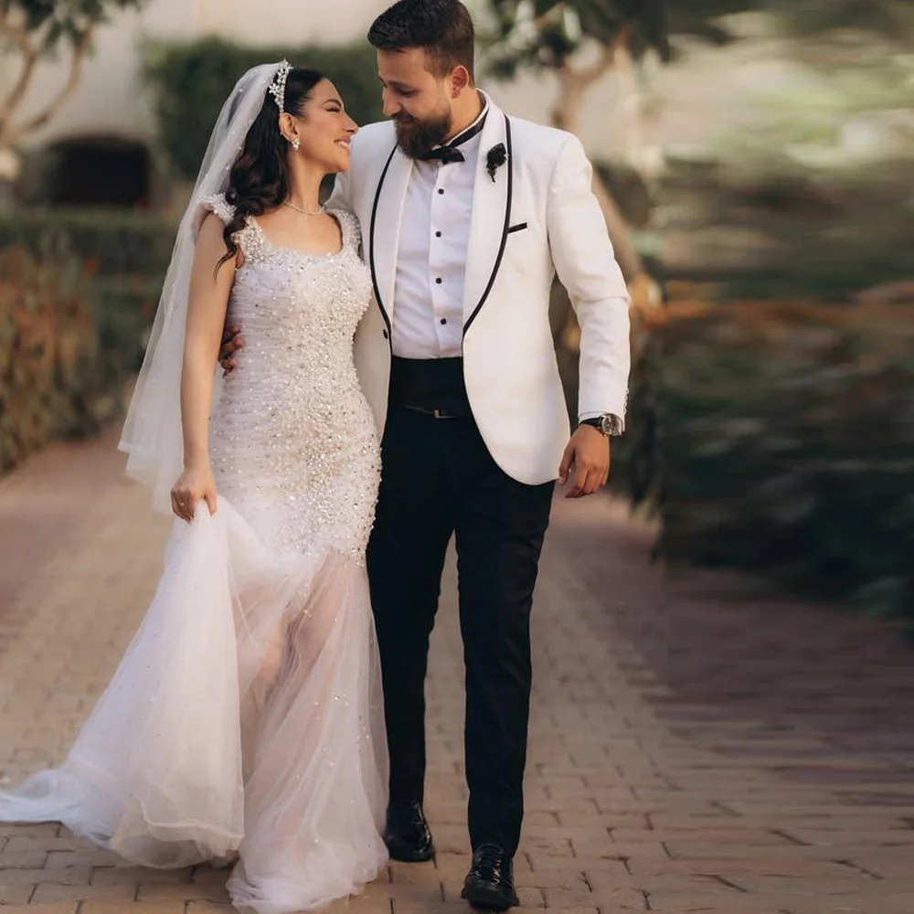 Customized Luxury Mermaid Wedding Dress Pearls Embellished Bead Spaghetti Strap Bridal Gown Tulle Arabic Dubai Wedding Dresses
