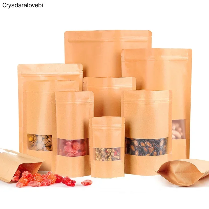 50pcs Kraft Paper Stand Up Zipper Bag with Window Resealable Zip Lock Closure Heat Seal for Food Packaging can be customized